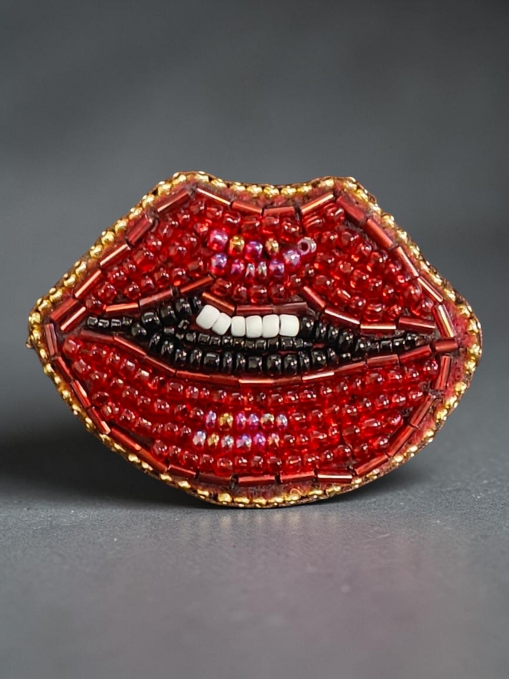 Designer's Murka Handmade Hand Beaded Red Lip Brooch Pin with Gold Trim